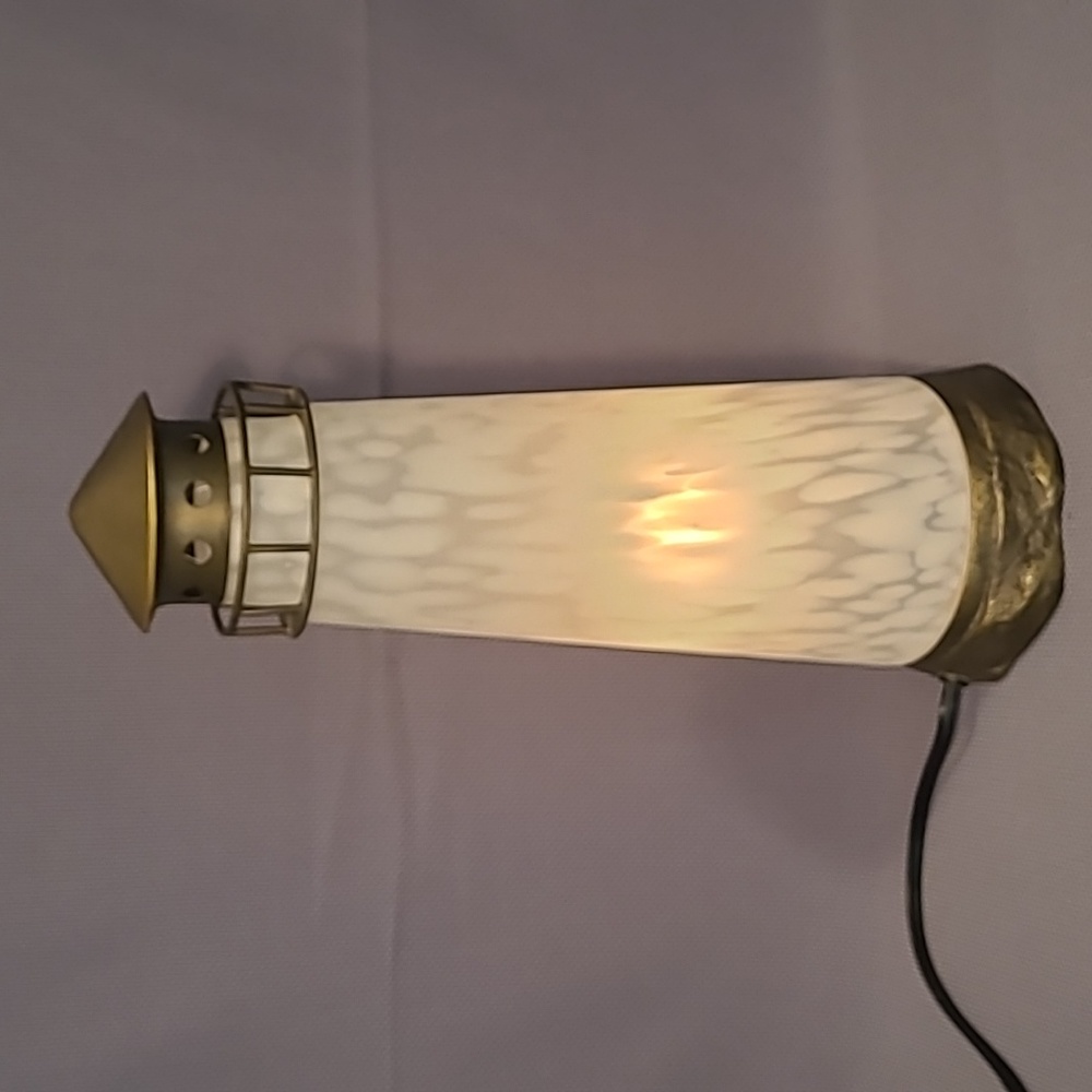 Lighted White Frosted Art Glass Lighthouse With Brass Base - Picture 4 of 12